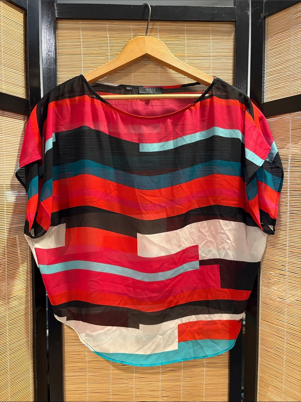 Guess Women’s Multicolor Striped Short Sleeve Top - Red/Black/Turquoise